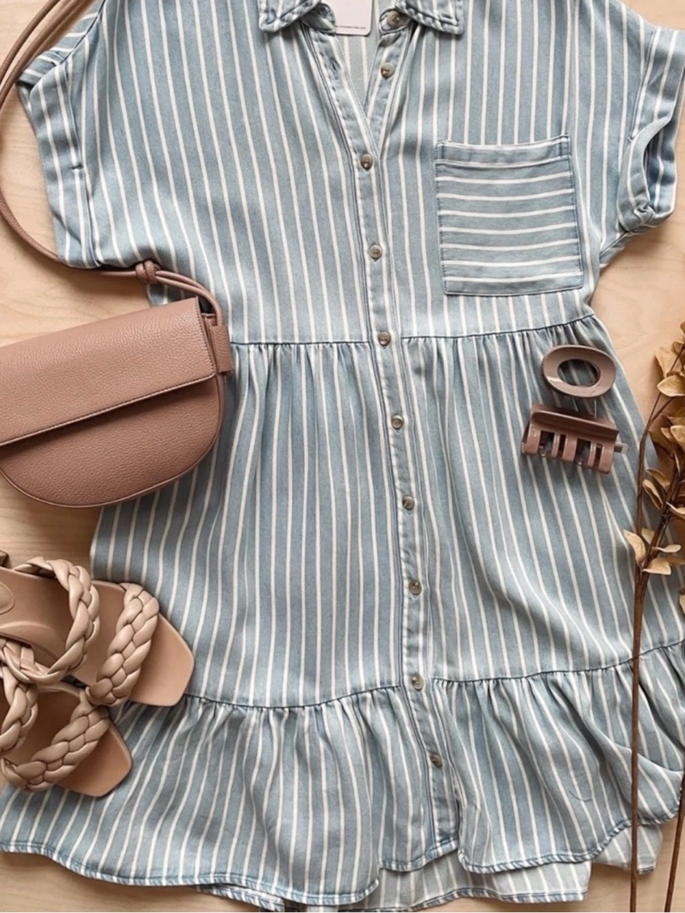 Blue Pepper Small Light Blue and White Striped Babydoll Dress 100% Lyocel